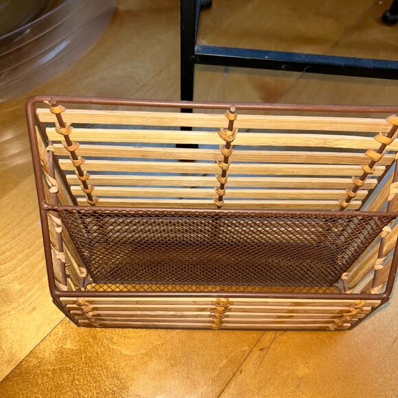 Vintage set of woven bamboo desktop organizers pen cup sticky note mail - Picture 4 of 10